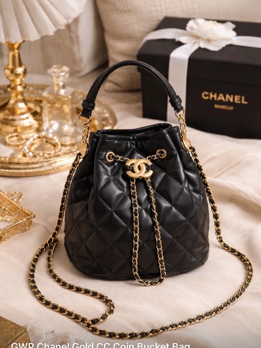 Chanel Black Quilted Leather Bucket Bag with Gold Chain